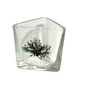 NWOT Hand painted signed red berries boughs triangular glass votive candle holde